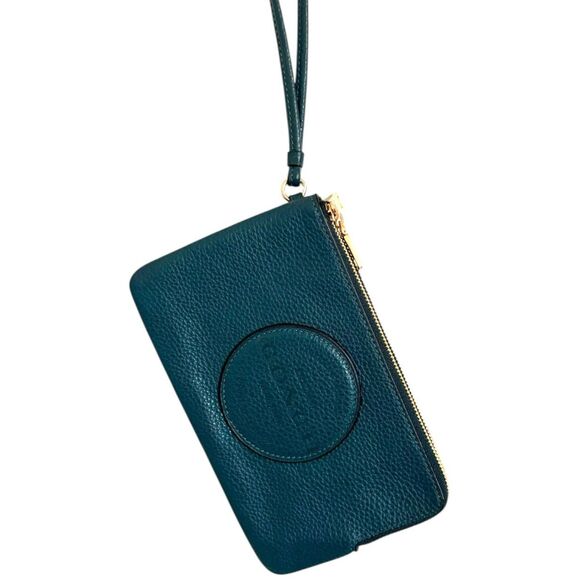 Coach Dempsey Teal Pebble Leather Double Zip Wristlet with Gold Hardware - Picture 1 of 13